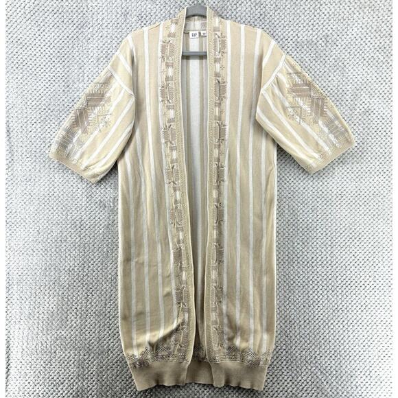 GAP Sweater Women Sp Neutral Striped Kimono Duster Long Cardigan Embroidered - Picture 1 of 15